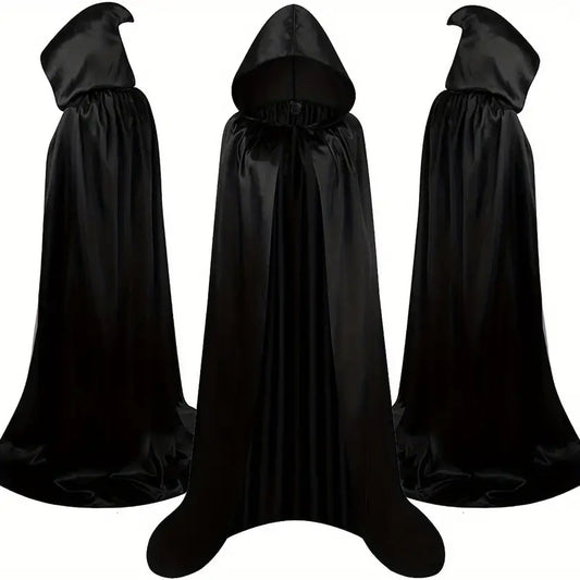 Adult Satin Feel Hooded Cape Black 170cm