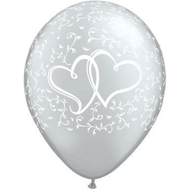 11" Silver Entwined Hearts Latex Balloons - 25/ 6 Pack (also available in singles)