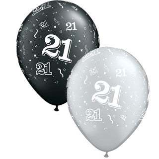 Age 21 Latex Balloon Black and Silver - 25 Pack (Available in Singles)