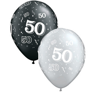 Age 50 Latex Balloon Black and Silver - 25 Pack (Available in Singles)