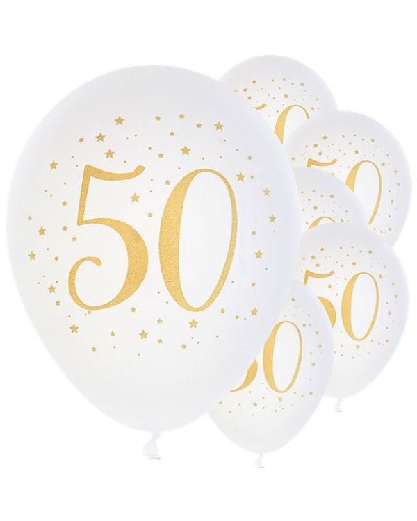 Age 50 Latex Balloon White and Gold - 6 Pack