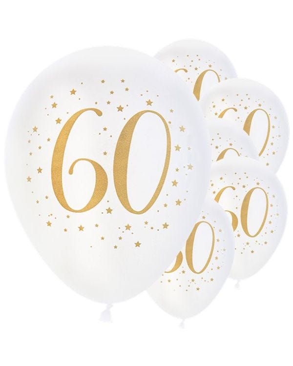 Age 60 Latex Balloon White and Gold - 6 Pack