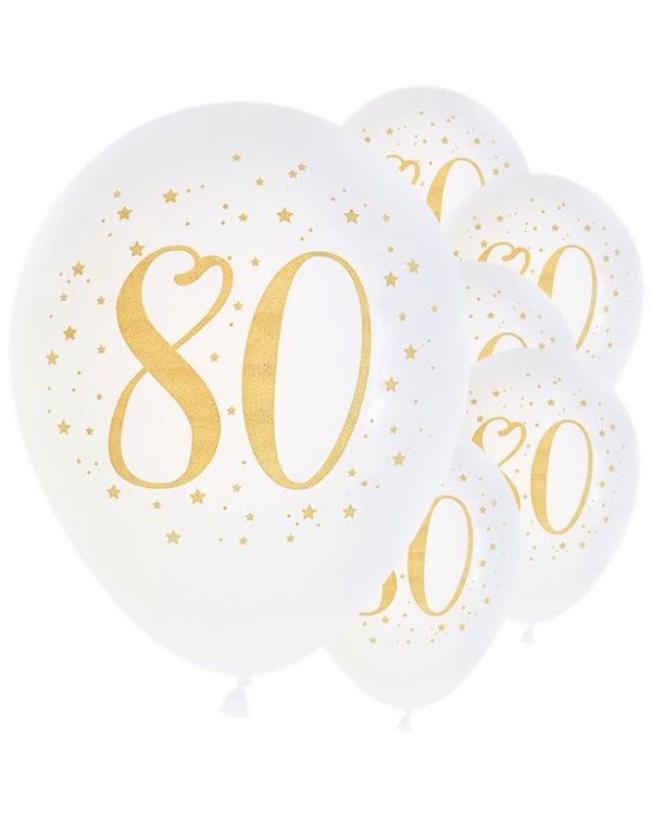 Age 80 Latex Balloon White and Gold - 6 Pack
