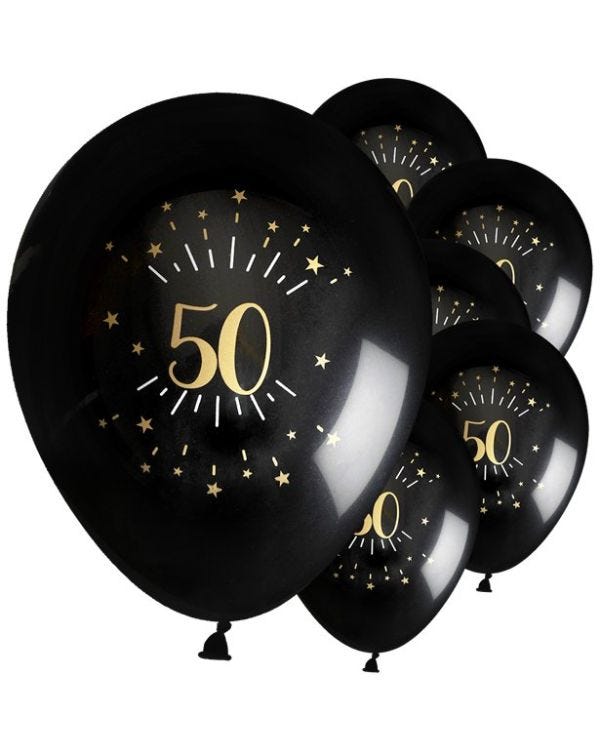 Age 50 Latex Balloon Black and Gold - 6 Pack