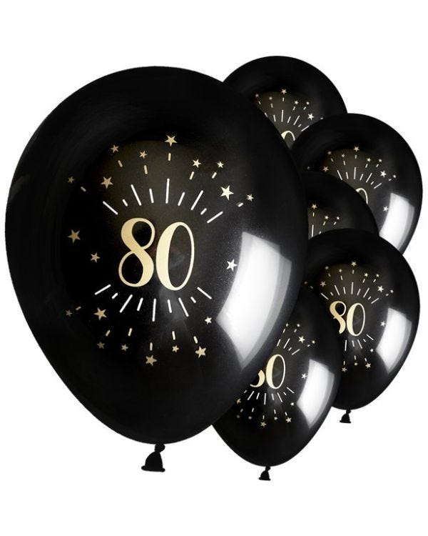 Age 80 Latex Balloon Black and Gold - 6 Pack