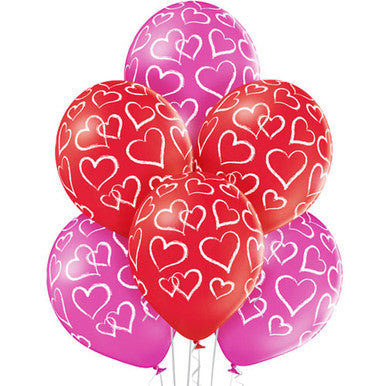 12" Pink and Red Heart Latex Balloons - 6 Pack
