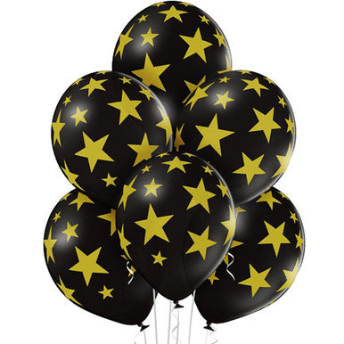 12" Black and Gold Star Latex Balloons - 6 Pack