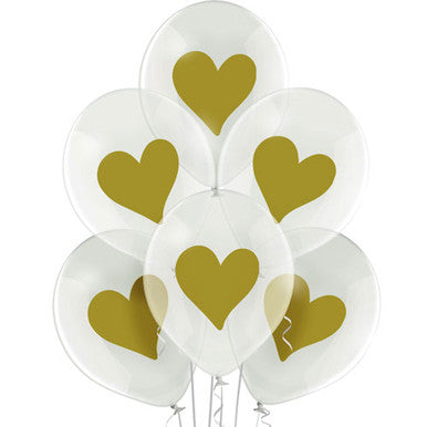 12" Clear Gold Heart Latex Balloons - 6 Pack