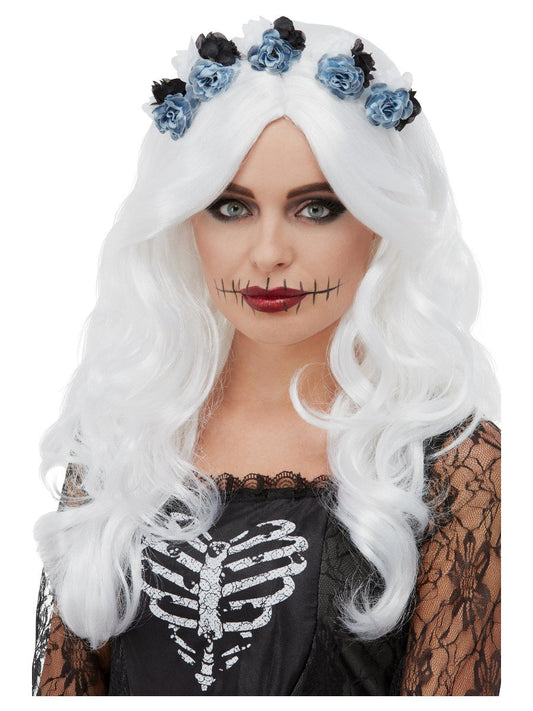 Day of the Dead White Wig with Flower Crown