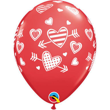 11" Red Arrow Hearts Latex Balloons - 25 Pack (also available in singles)