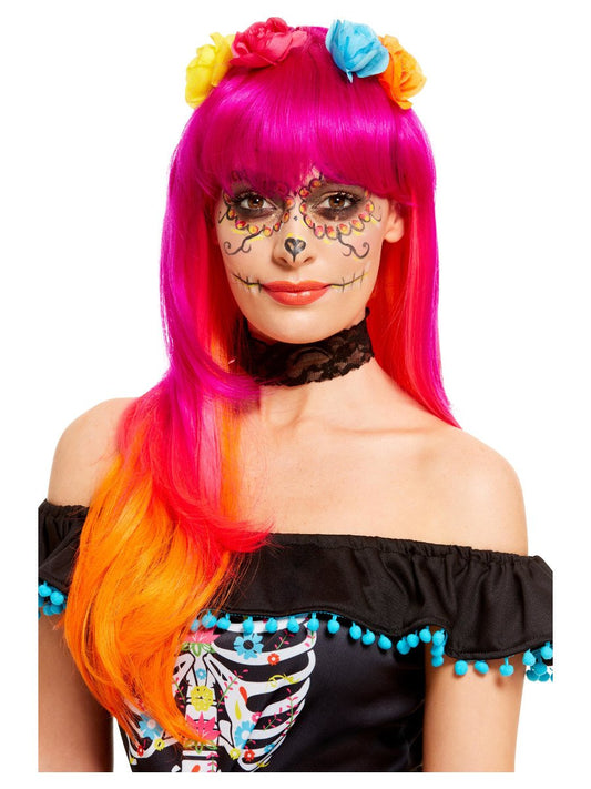 Day of the Dead Multi Wig with Flower Crown