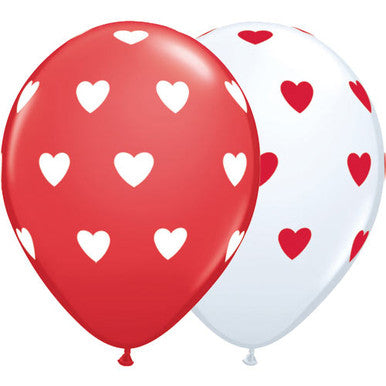 11" Red and White Big Hearts Latex Balloons - 50/ 6 Pack (also available in singles)