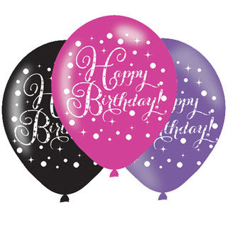 Happy Birthday Black, Pink and Purple 11'' Latex Balloons - 6 Pack