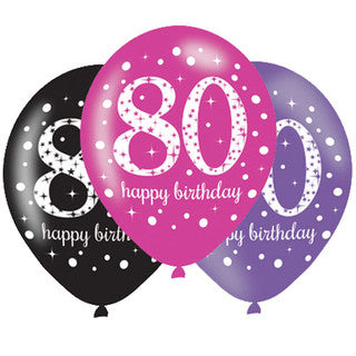 Age 80 Latex Black, Pink and Purple - 6 Pack