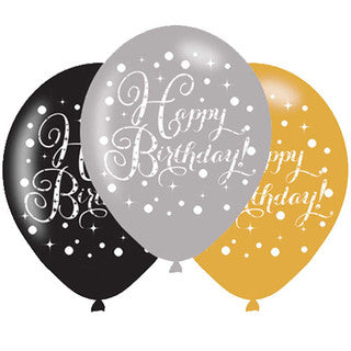 Happy Birthday Black, Gold and Silver 11'' Latex Balloons - 6 Pack
