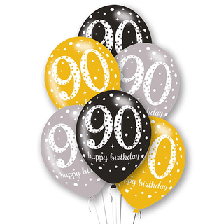 Age 90 Latex Black, Silver and Gold - 6 Pack