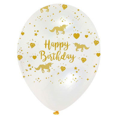 Happy Birthday Clear Unicorn 12'' Latex Balloons - 6 Pack