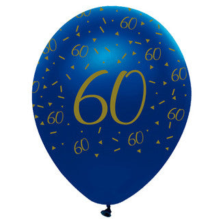 Age 60 Latex Balloon Blue and Gold - 6 Pack