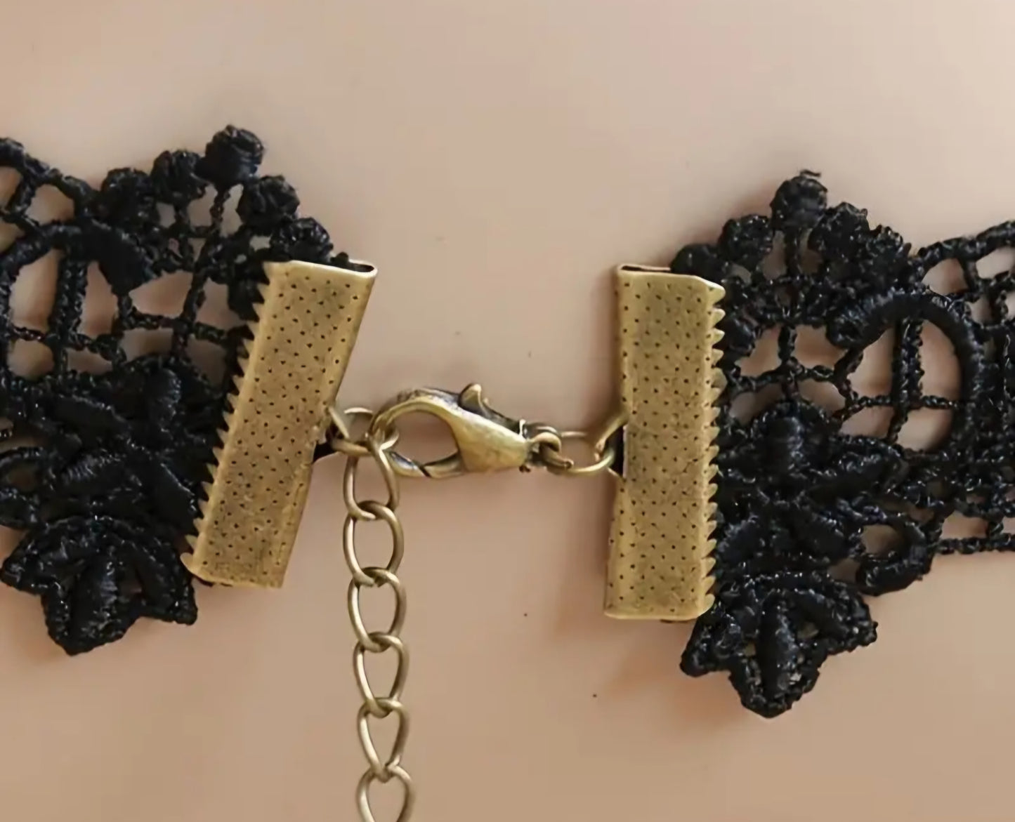 Black Lace Choker with Rose, Beads and Chains