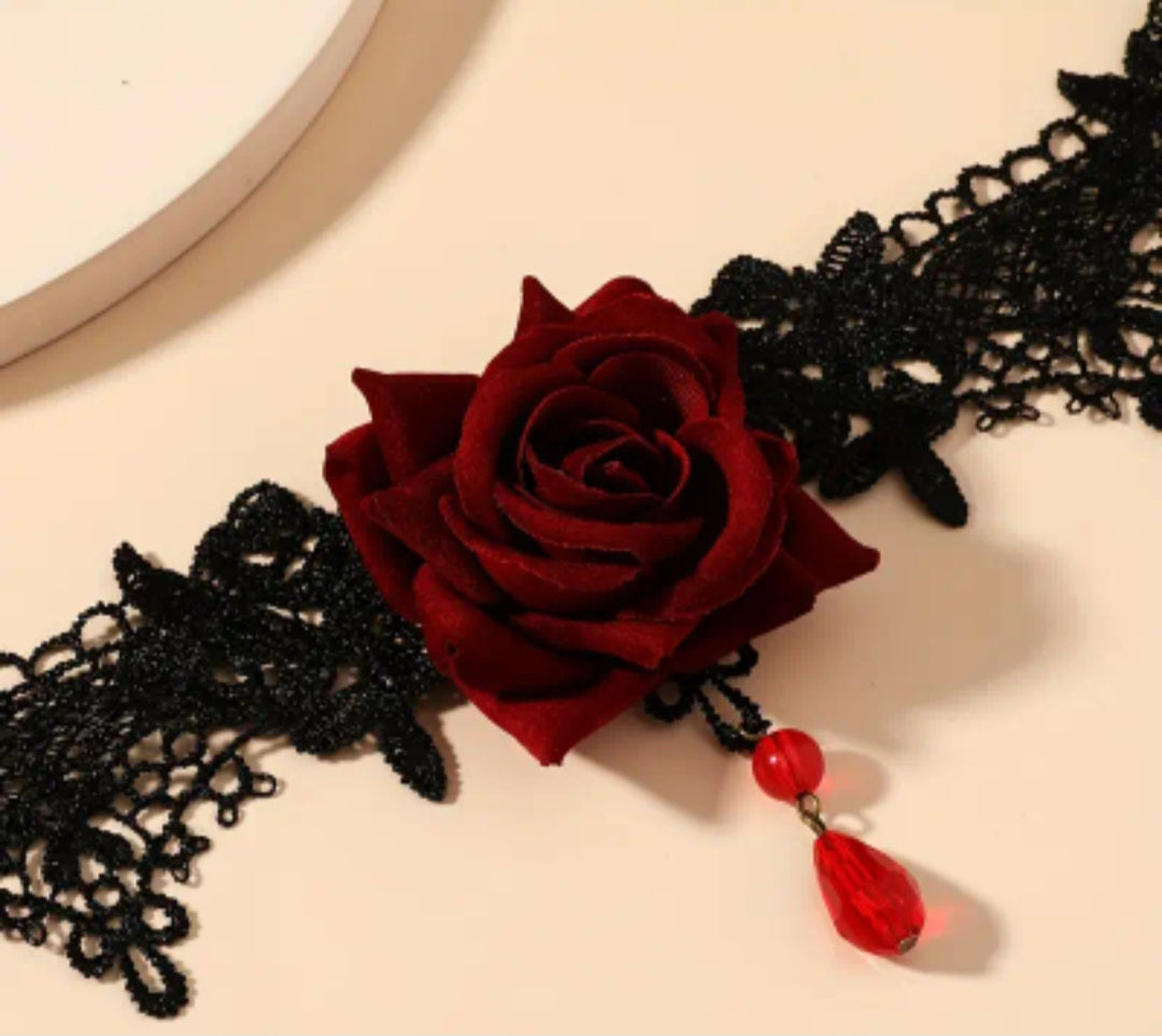 Black Lace Choker with Red Rose