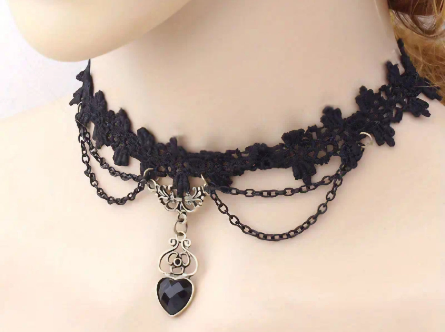 Black Lace Choker with Heart Pendant and Chains