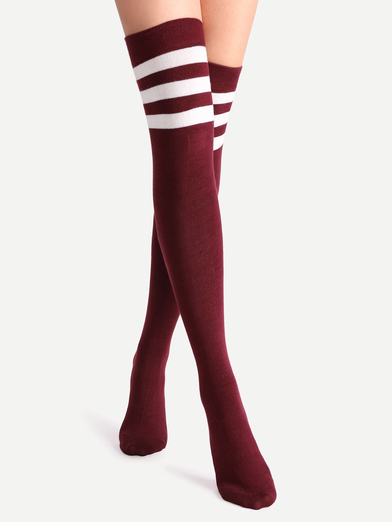 Burgundy and White Stripe Over the Knee Socks