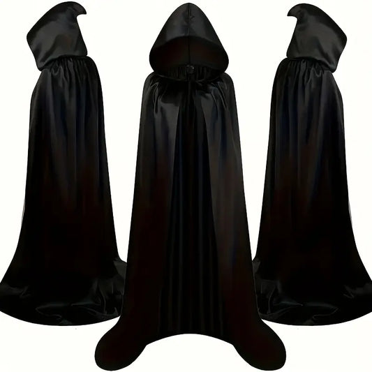 Adult Satin Feel Hooded Cape Black 130cm