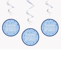 Happy Birthday Glitz Blue Hanging Swirl Decorations 6pkt