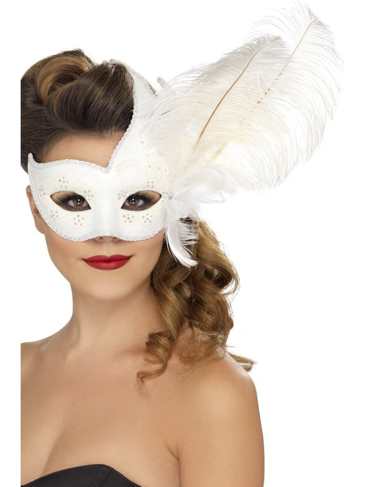 Ornate Colombina Feather Eyemask White