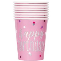 Happy Birthday Glitz Pink Cups 8pkt