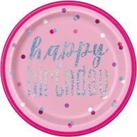 Happy Birthday Glitz Pink Plates 8pkt