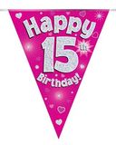 Happy 15th Birthday Pink Holographic Bunting
