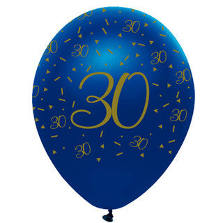 Age 30 Latex Balloon Blue and Gold - 6 Pack