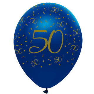 Age 50 Latex Balloon Blue and Gold - 6 Pack