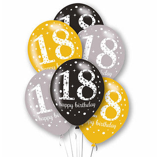 Age 18 Latex Black, Silver and Gold - 6 Pack