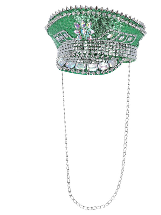 Deluxe Sequin Studded Captains Festival Hat Green