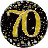 Happy 70th Birthday Sparkling Fizz Black and Gold Badge Small