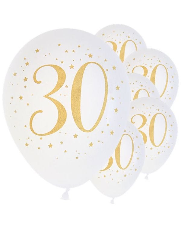 Age 30 Latex Balloon White and Gold - 6 Pack
