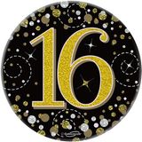 Happy 16th Birthday Sparkling Fizz Black and Gold Badge Small