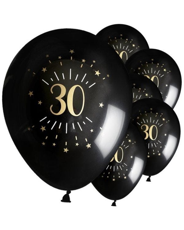 Age 30 Latex Balloon Black and Gold - 6 Pack
