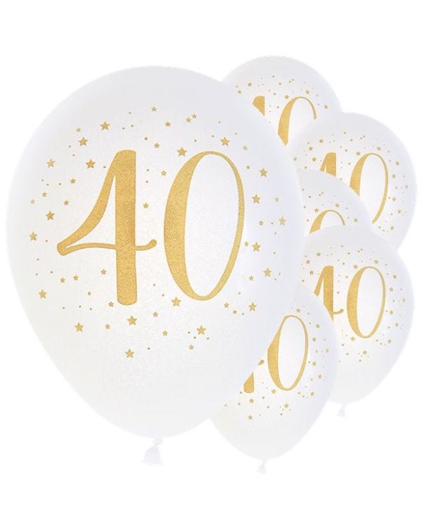 Age 40 Latex Balloon White and Gold - 6 Pack