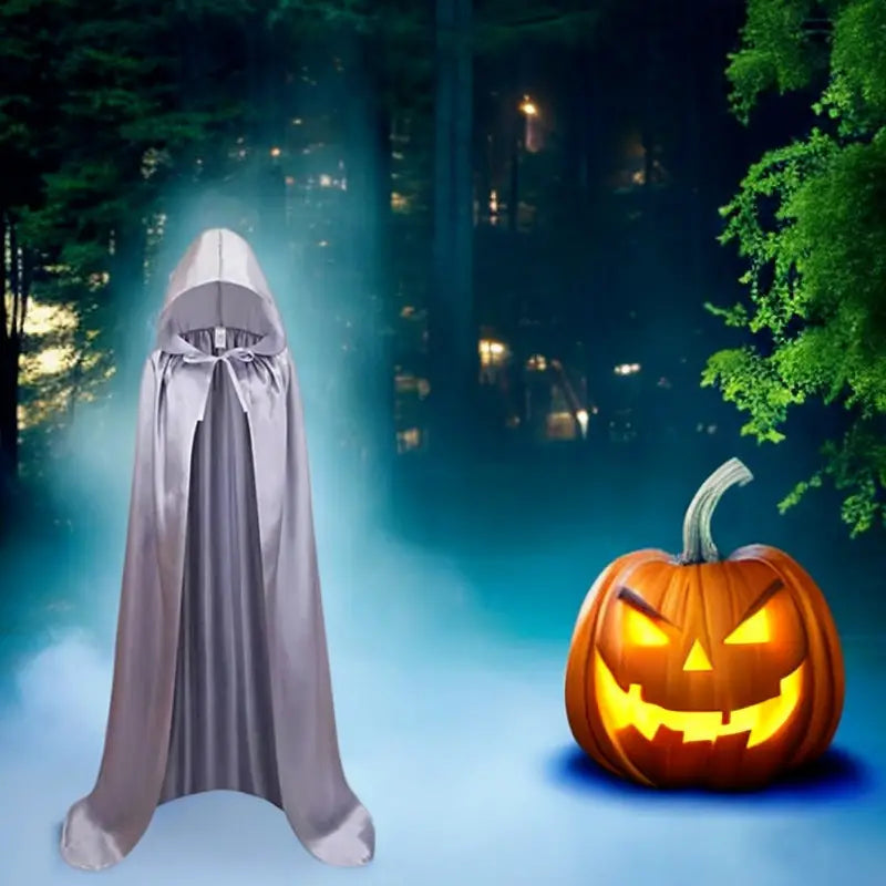 Adult Satin Feel Long Hooded Cape Silver 170cm