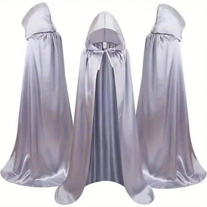 Adult Satin Feel Long Hooded Cape Silver 170cm