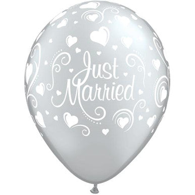 Just Married Hearts Silver 11" Latex Balloons 25 Pack (also available in singles)