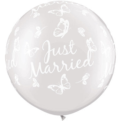 Just Married Clear Butterflies 3ft Latex Balloon