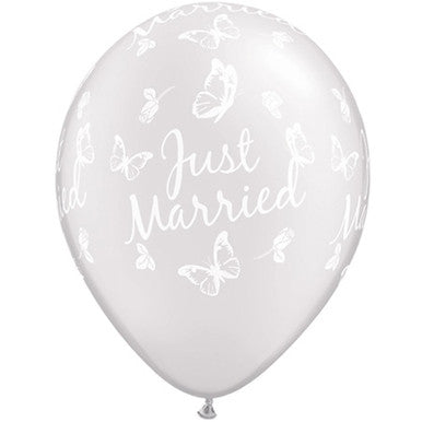 Just Married Butterflies Silver 11" Latex Balloons 25 Pack (also available in singles)