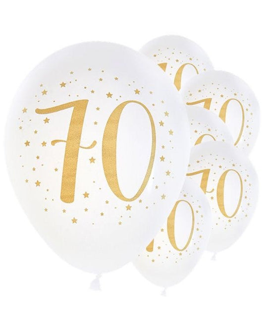 Age 70 Latex Balloon White and Gold - 6 Pack