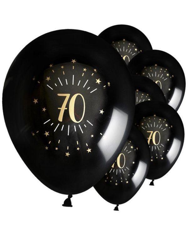 Age 70 Latex Balloon Black and Gold - 6 Pack
