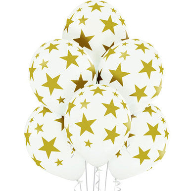 12" White and Gold Star Latex Balloons - 6 Pack
