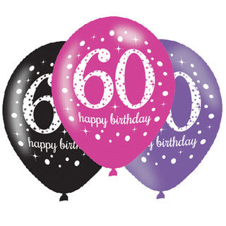 Age 60 Latex Black, Pink and Purple - 6 Pack